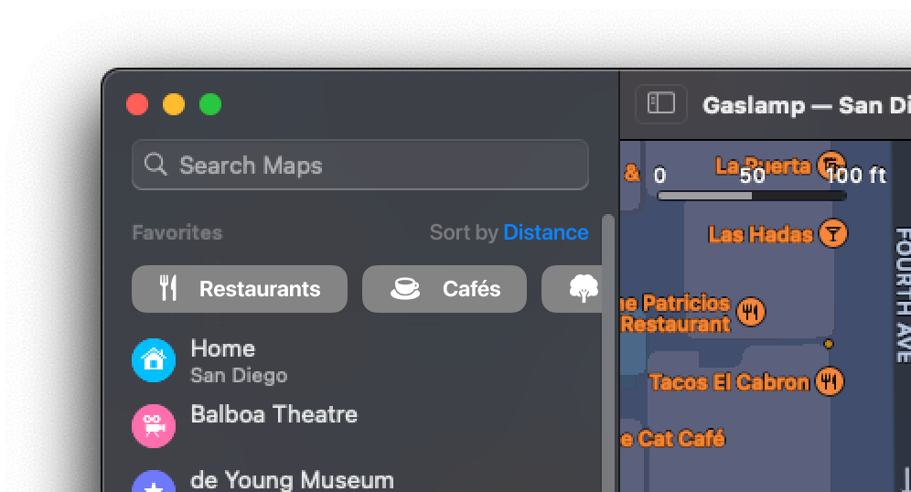 A screenshot of the Apple Maps UI on macOS with a filters bar added