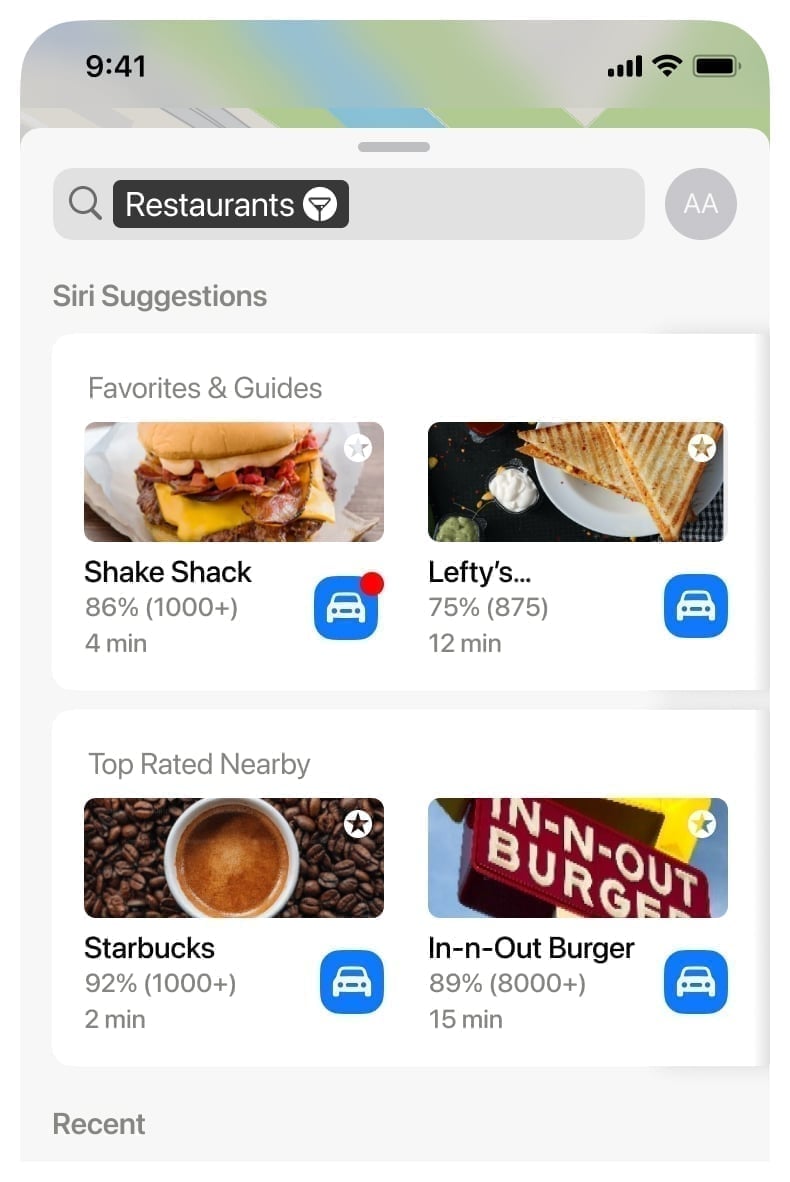 A screenshot showing a Apple Maps results and DoorDash results combined