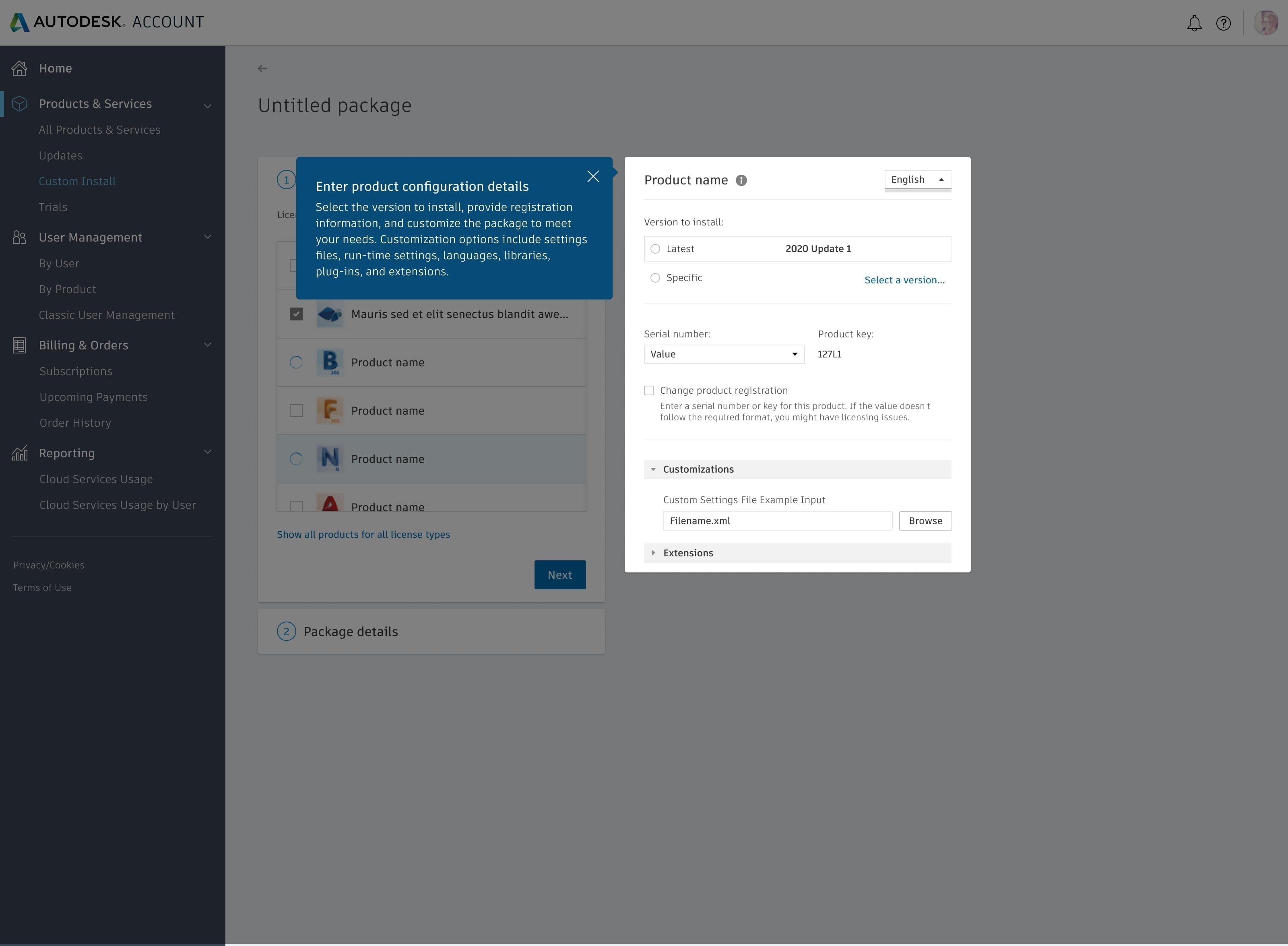 Product selection interface with intelligent dependency resolution
