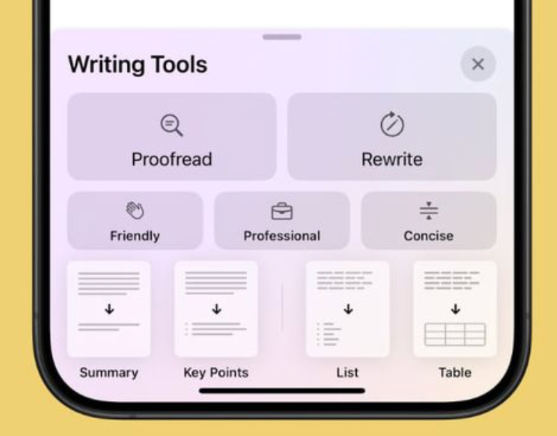 A screenshot showing a Apple Intelligence Writing UI