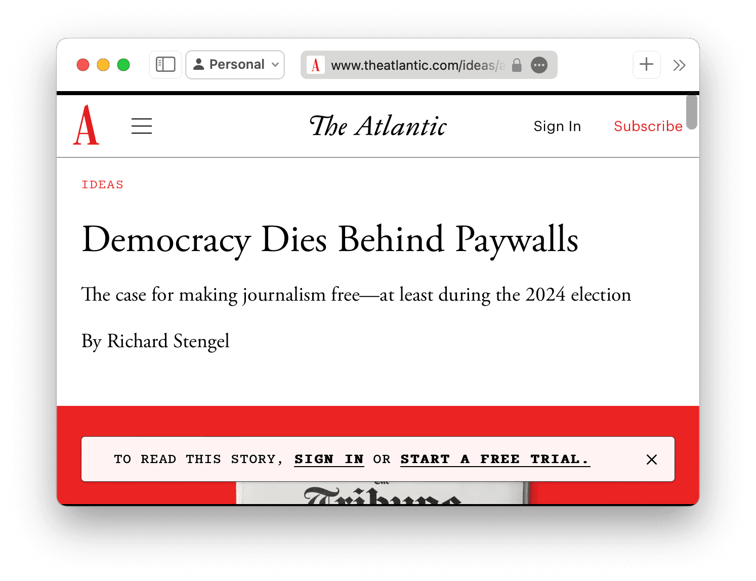 A screenshot showing a democracy paywall hypocritical